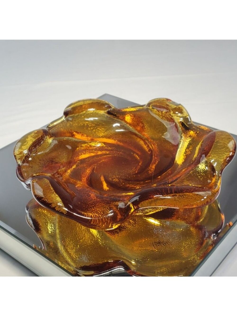 Vintage Amber Fenton Swirl Art Glass Ashtray Trinket Dish Heavy 8'' MCM